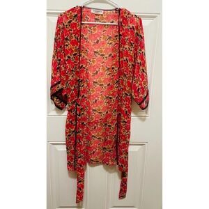 Carole Hochman Floral Kimono Duster Lightweight Cover Up Red Large‎